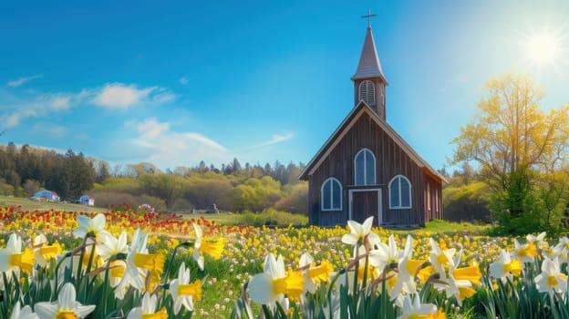 Vintage wooden church set in a lush field of vibrant daffodils and tulips under a bright blue sky. rolling hills and distant trees create a peaceful, picturesque backdrop, embodying a serene easter atmosphere filled with springtime beauty.