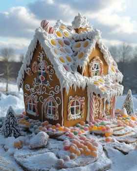 Christmas gingerbread house on an abstract background. Selective focus.