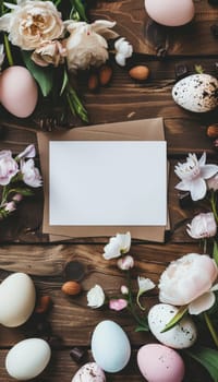 Flat lay featuring a blank card ready for easter design, surrounded by pastel-colored eggs, chocolate bunnies, and vibrant spring flowers on a rustic wooden table. perfect for holiday greetings, invitations, or festive designs.