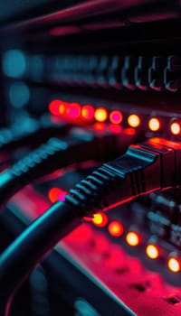 A detailed view of a server rack showcasing active led lights and organized cables. highlights the intricate design and efficient layout crucial for technology infrastructure and data center operations. vibrant red leds create a dramatic effect.
