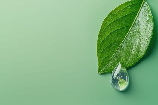 green leaf with water droplet reflecting Earth, symbolizing nature beauty and sustainability. vibrant colors evoke sense of freshness and tranquility.