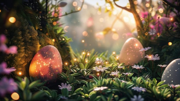 A magical easter garden filled with oversized glowing eggs nestled among lush foliage and delicate flowers. soft twilight and twinkling lights enhance the enchanting atmosphere, creating a whimsical fairy-tale-like scene perfect for holiday designs.