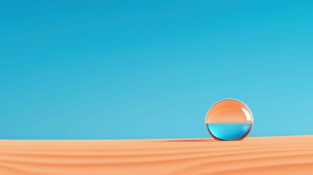 serene desert landscape featuring single water droplet reflecting vibrant blue sky. contrast between warm sand and cool water creates tranquil atmosphere.