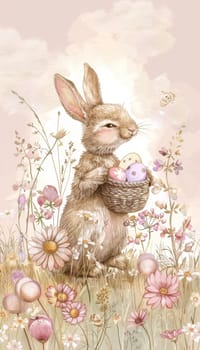 Whimsical illustration of a bunny carrying an easter egg-filled basket through a pastel meadow. surrounded by wildflowers, this charming scene evokes spring's gentle beauty, perfect for easter cards and seasonal greetings.
