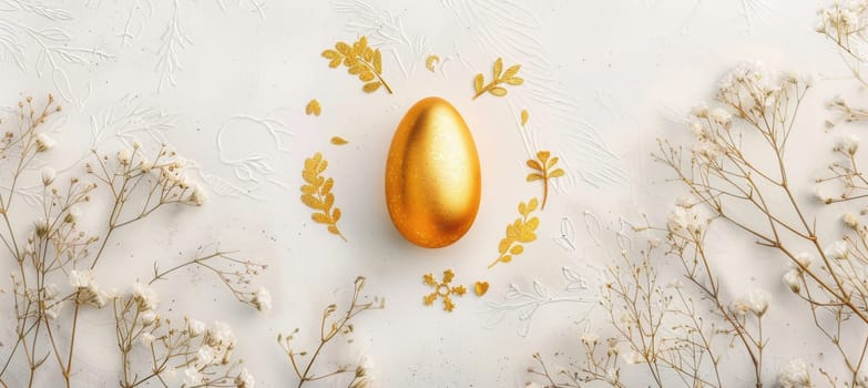 A minimalist easter card showcases a central golden egg on a white textured background, adorned with gold floral accents. surrounding the egg are delicate white florals, creating a clean, modern design ideal for elegant holiday prints.