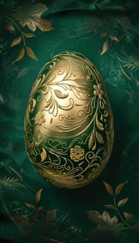 Luxurious easter card design on a rich emerald background with a single golden egg adorned with detailed floral patterns. soft lighting accentuates the egg's features, creating a sophisticated and elegant holiday aesthetic.