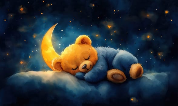 Cartoon bear sleeping on a moon on a blue background. Selective focus.
