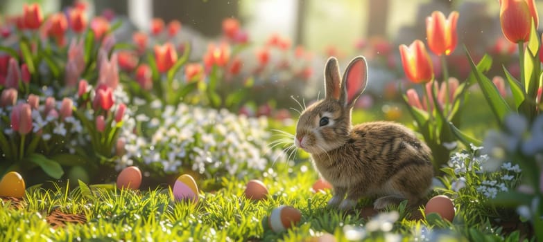 Delightful garden scene featuring a realistic rabbit exploring vibrant tulips and scattered easter eggs in bright sunlight. perfect for easter-themed designs, spring celebrations, and holiday decorations, nature's beauty.