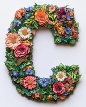The letter C of colorful flowers on a white background. Selective focus.