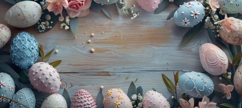 Elegant easter-themed banner featuring a flat lay of intricately designed pastel easter eggs arranged around a floral wreath on a rustic wooden table. the composition offers ample space at the top, ideal for text or design elements.