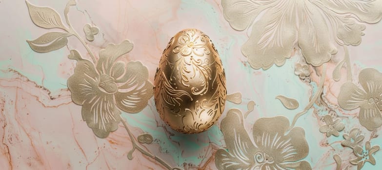 A sophisticated easter card showcases a single elegant golden egg set against a pastel marble background. surrounded by intricate floral engravings, the egg exudes luxury and refinement, combining festive charm with opulent design.