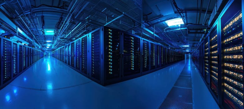 A vast data center featuring countless server racks, illuminated by flashing blue lights. the spacious, futuristic environment highlights constant activity and technological advancement, offering insight into modern computing and data management.