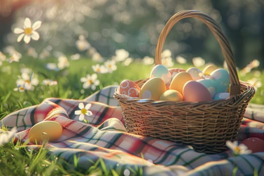 Woven basket filled with pastel-colored easter eggs rests on a plaid picnic blanket amidst sunny garden grass. surrounded by fresh flowers, the scene is illuminated by warm, natural sunlight, evoking a festive springtime atmosphere.