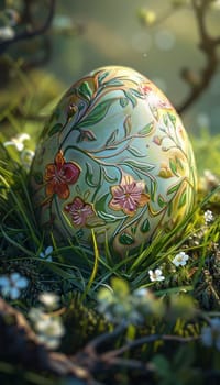 Intricately painted easter egg with vibrant floral patterns nestled in lush green grass, accented by delicate pastel flowers. sunlight filters through, creating a warm, inviting atmosphere ideal for holiday themes and artistic inspiration.