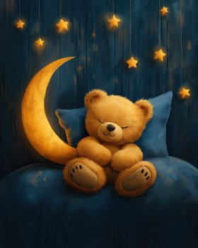 Sleeping cartoon bear against a starry background. Selective focus.