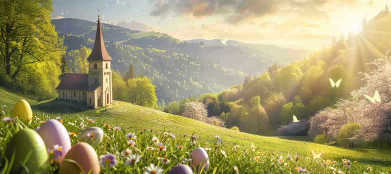 A serene country church stands amid rolling green hills and vibrant spring flowers. decorated easter eggs rest on the foreground lawn as soft sunlight filters through, illuminating the tranquil landscape and fluttering butterflies.