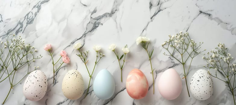 Pastel-colored eggs and delicate flowers are neatly arranged in a horizontal line on a marble surface, creating a minimalist and modern easter aesthetic. the composition is designed with space for text, ideal for banners and cards.