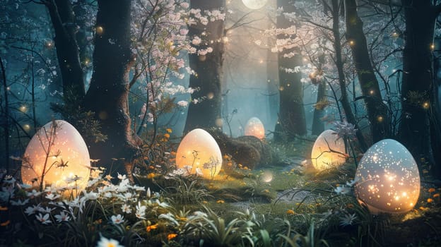 A mystical woodland scene features large, glowing easter eggs nestled among trees and flowers. soft moonlight illuminates the scene, creating a dreamlike atmosphere perfect for holiday-themed designs and decorations.