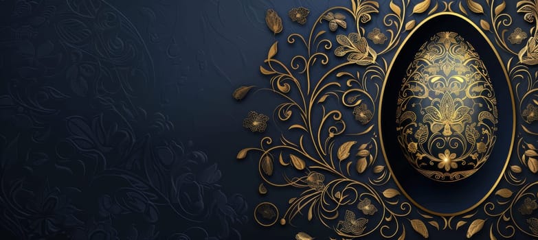 Elegant easter card design featuring a golden egg with detailed floral engravings on a dark royal blue background. the soft illumination highlights the intricate patterns, offering a sophisticated touch with ample space for personalization.