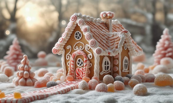 Christmas gingerbread house on an abstract background. Selective focus.
