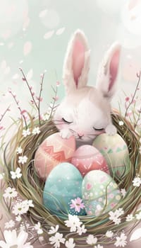 Cute easter card featuring a cartoon bunny nestled in a pastel egg-filled nest, surrounded by delicate spring flowers. the soft, textured background adds warmth, making it perfect for seasonal greetings and festive decorations.