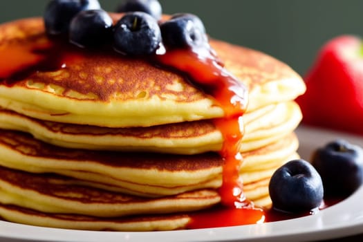 A stack of pancakes with blueberry syrup on top. The pancakes are piled high and look delicious