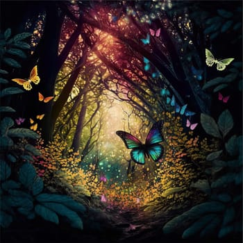 A colorful butterfly is flying through a forest with many other butterflies. Scene is peaceful and serene, as the butterflies flutter through the trees and the sunlight filters through the leaves