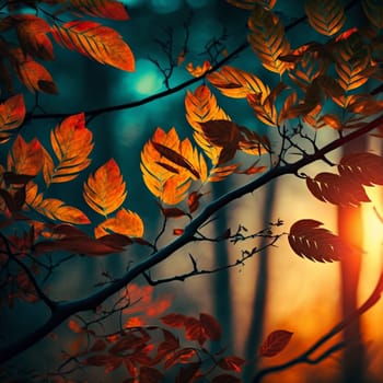 A tree branch with leaves that are orange and blue. The leaves are scattered all over the branch