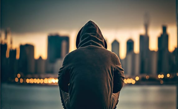 A man is sitting by the water with a hoodie on. The city skyline is in the background