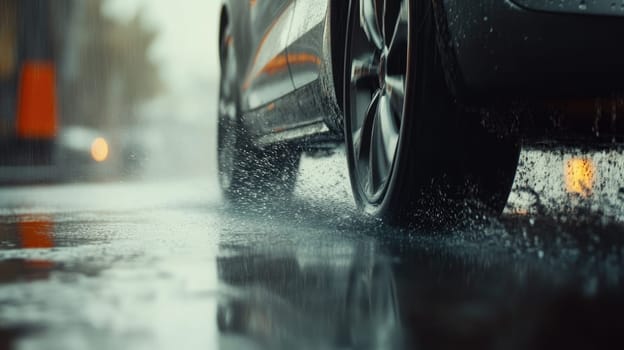 Cautious drive: vehicle carefully maneuvers on a slick road, illustrating the significance of maintaining control and awareness in adverse weather conditions to ensure safety and prevent accidents