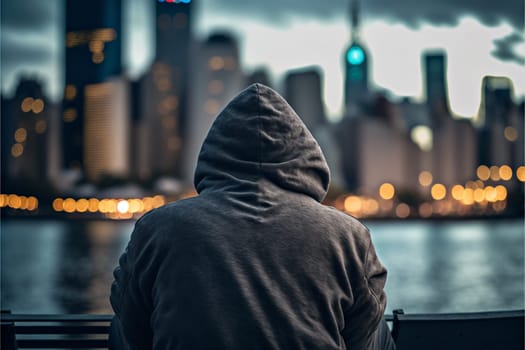A man is sitting on a bench by a body of water, wearing a hoodie and looking out at the city