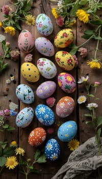 Hand-painted easter eggs arranged on a wooden surface, surrounded by fresh spring flowers. bright, intricate patterns make each egg unique, conveying a festive, cheerful atmosphere ideal for holiday decorations and creative design projects.