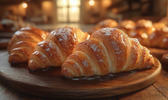 Fresh pastries on the table, golden croissants. Selective focus.