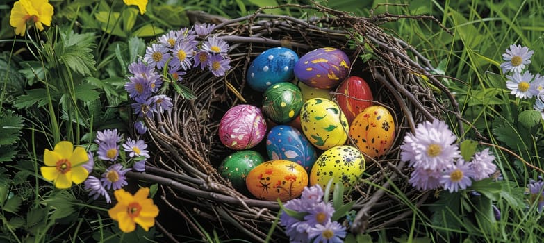 Hand-painted easter eggs rest in a nest of twigs surrounded by blooming spring flowers and verdant greenery. the eggs feature bright colors and intricate patterns, creating a festive and cheerful holiday atmosphere.