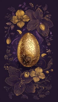 Luxurious design featuring a single golden egg adorned with ornate details and surrounded by intricate golden floral patterns on a deep purple background. perfect for creating elegant easter cards or sophisticated print designs.