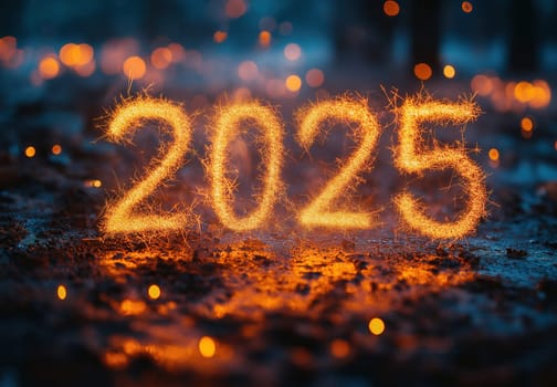 The text 2025 on an abstract dark background. Selective focus.