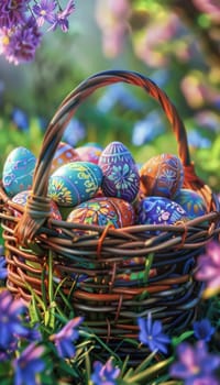 Vibrant wicker basket filled with intricately painted easter eggs, showcasing pastel hues and detailed designs. surrounded by blooming flowers and lush greenery, capturing the essence of a serene springtime holiday celebration.