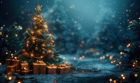 Christmas greeting card with blue background. Selective focus.