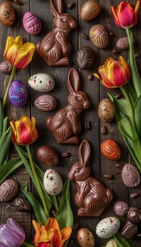 Festive composition featuring chocolate bunnies, vibrant eggs, and fresh tulips on a wooden surface. the playful arrangement is perfect for easter-themed designs, spring colors and textures while leaving space for text.