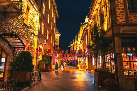 Streets of the medieval stone town in Ba Na Hills Park in Da Nang in Vietnam at night