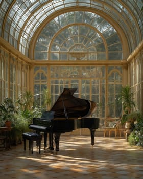 Victorian style room with black piano in natural light. Selective focus.