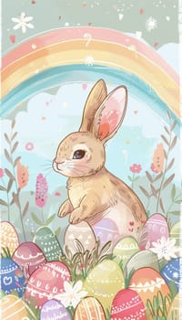 A delightful easter scene featuring a cute bunny nestled among colorful easter eggs with a vibrant rainbow arching overhead. the hand-drawn style adds charm to this whimsical illustration, perfect for springtime celebrations and easter cards.