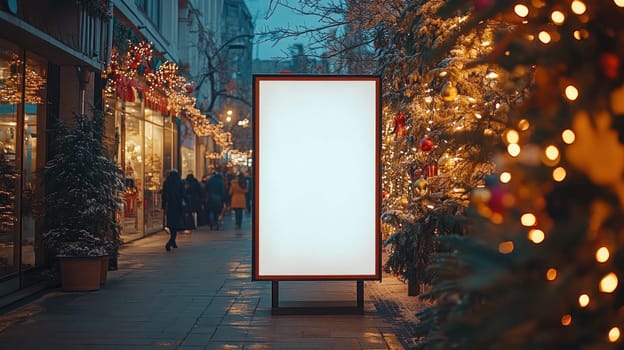 stylish blank menu board stands amidst festive Christmas decorations, surrounded by twinkling lights and holiday cheer, inviting shoppers to explore.