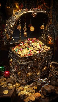 A piggy bank designed as a pirate treasure chest overflows with gold coins and jewels in an intricately themed room. the scene symbolizes hidden wealth and savings, capturing the allure of treasure and adventure in a pirate setting.