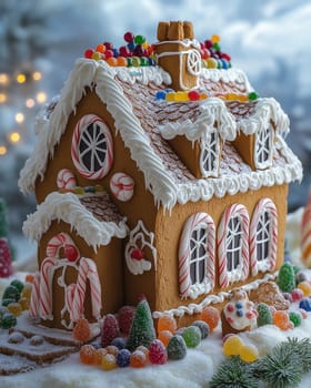 Christmas gingerbread house on an abstract background. Selective focus.