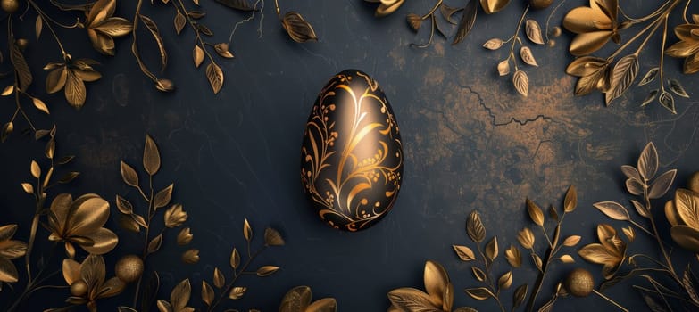 A sophisticated easter card design features a central golden egg on a dark background surrounded by intricate gold floral patterns. the luxurious artwork combines elements of elegance and festive charm, perfect for holiday greetings.