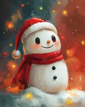 Cartoon snowman in a red hat and scarf. Selective focus.