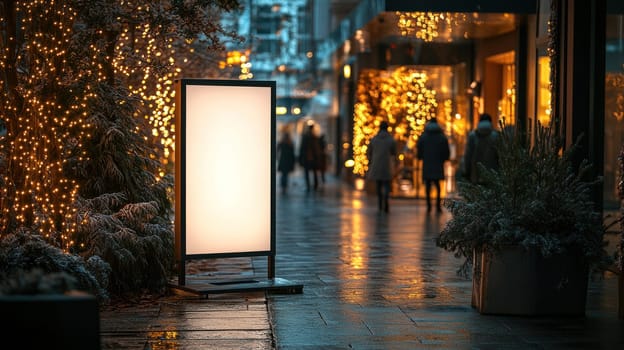 stylish shopping street illuminated by festive lights, featuring blank menu board. scene captures holiday spirit with reflections on wet pavement.