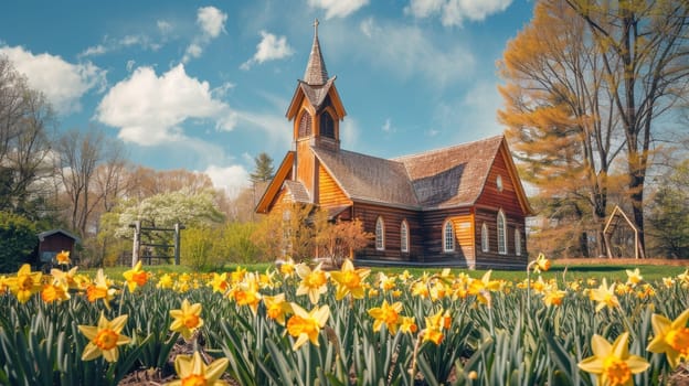 A traditional wooden church is nestled amidst a vibrant field of daffodils and tulips under a clear blue sky. the scene exudes peace and serenity, perfect for capturing the essence of easter and springtime tranquility.