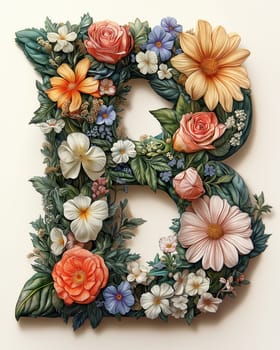 The letter B of colorful flowers on a white background. Selective focus.